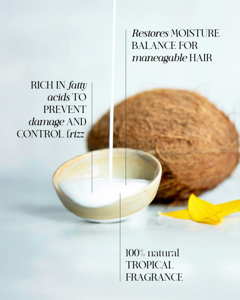 Natural Coconut hair conditioner that hydrates, smooths, and restores shine with an irresistible tropical scent.