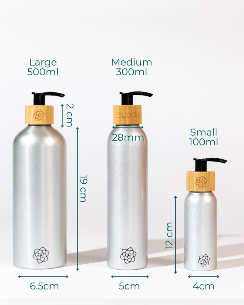 Refillable aluminum soap dispensers bamboo pump, sizes 100ml-300ml-500ml