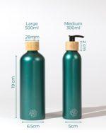Refillable bathroom dispensers metallic green with bamboo pump for minimalist bathroom in different sizes.