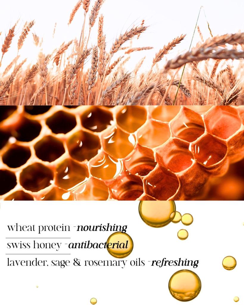 Natural soap for hands & body with organic oils, Swiss honey, and wheat protein. Hydrates, protects, and cleanses with a refreshing herbal fragrance.