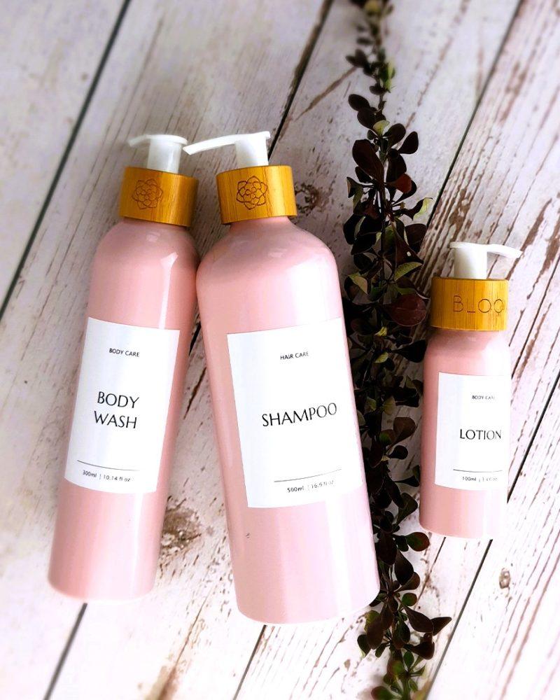 BLOOM Forever-Bottles featuring a waterproof label for stylish and organized personal care.