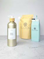 Body wash starter set with bathroom dispenser and natural shower gel refill