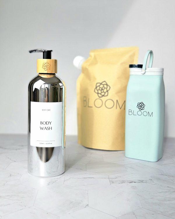 Body wash starter set with bathroom dispenser and natural shower gel refill